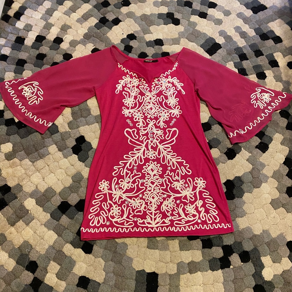 Pink & White Bell Sheer Sleeve V Neck Mini Dress L